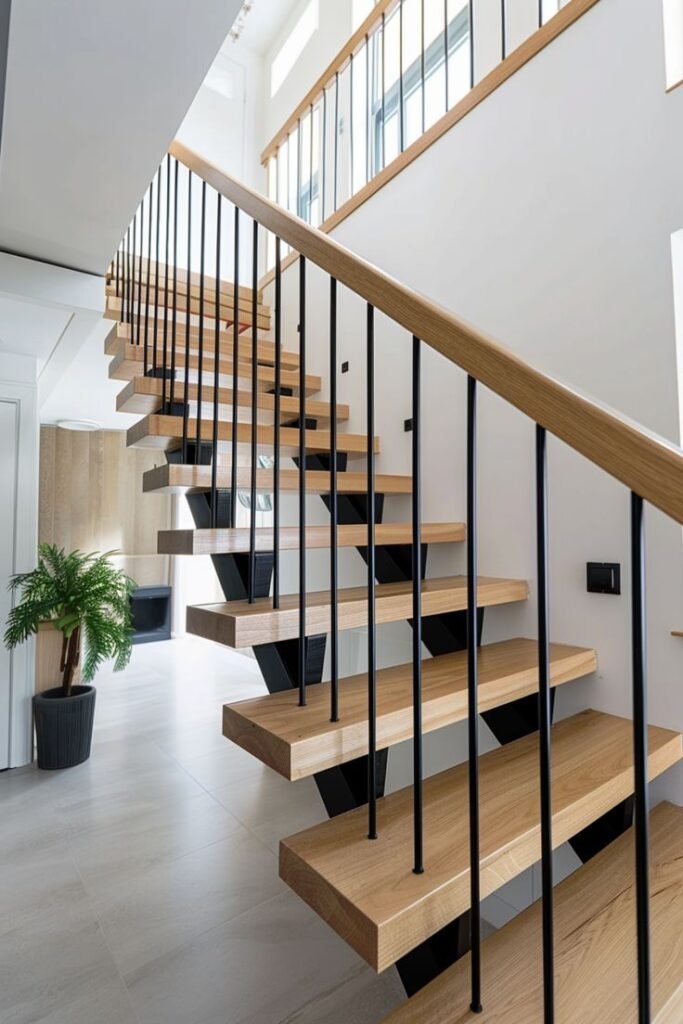 Modern floating oak stair treads with black metal balusters in a bright open staircase